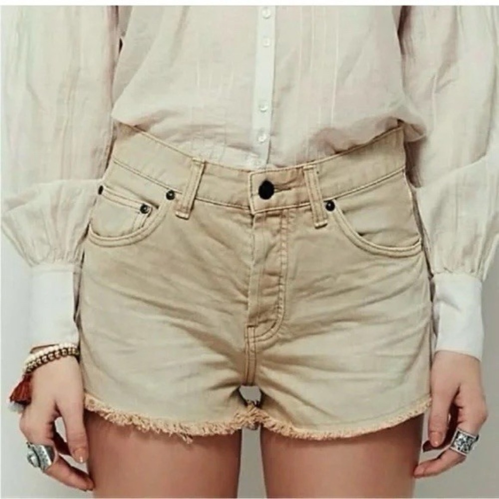 Free People Uptown Frayed Distressed Cutoff Hem Tan Denim Shorts Sz 27